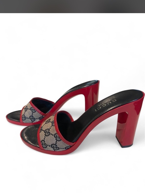 Gucci Shoes - Gucci Red Patent Slide Heels with GG Monogram Strap